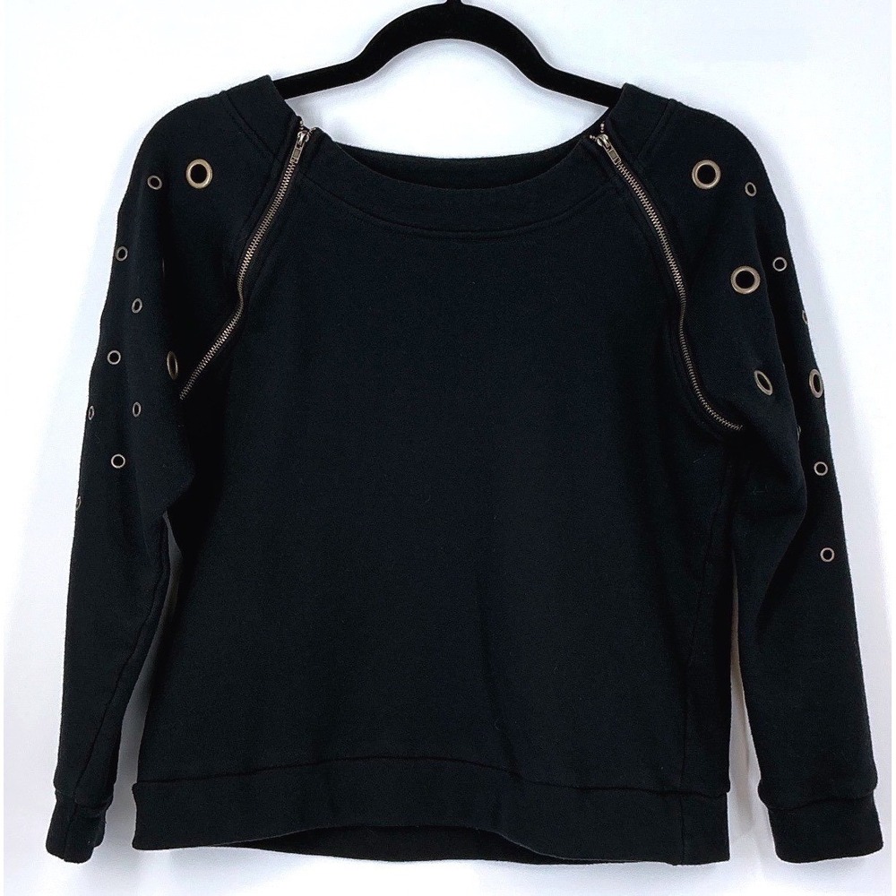 VENUS Black Crewneck Pullover‎ Sweatshirt M Zip Shoulder Grommet Sleeve Alt Edgy